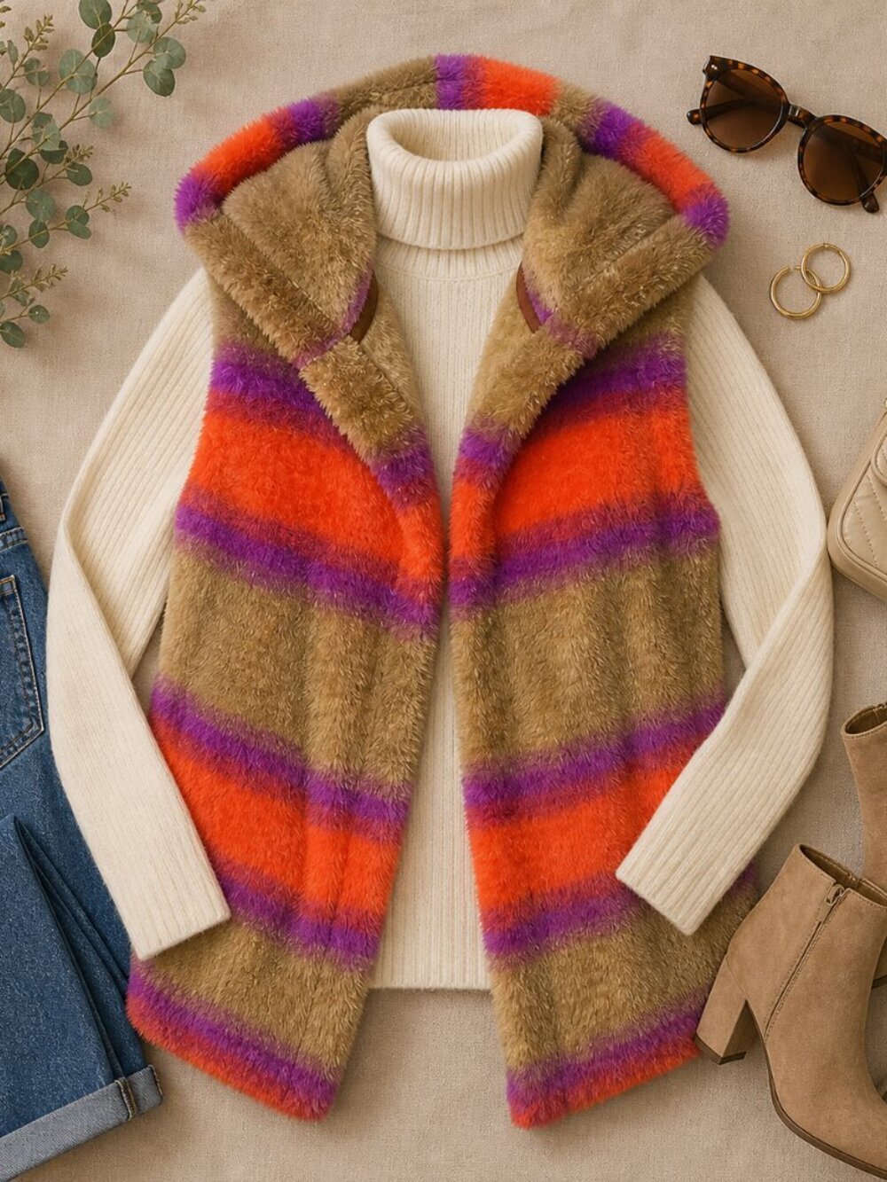 Ugg Colorful Faux Fur Hooded Vest Size M Boho Festival Cozy